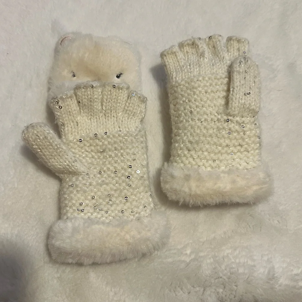 Kids Polar Bear White Sparkle Mittens Cute Design Dimond Open & Close No Damages